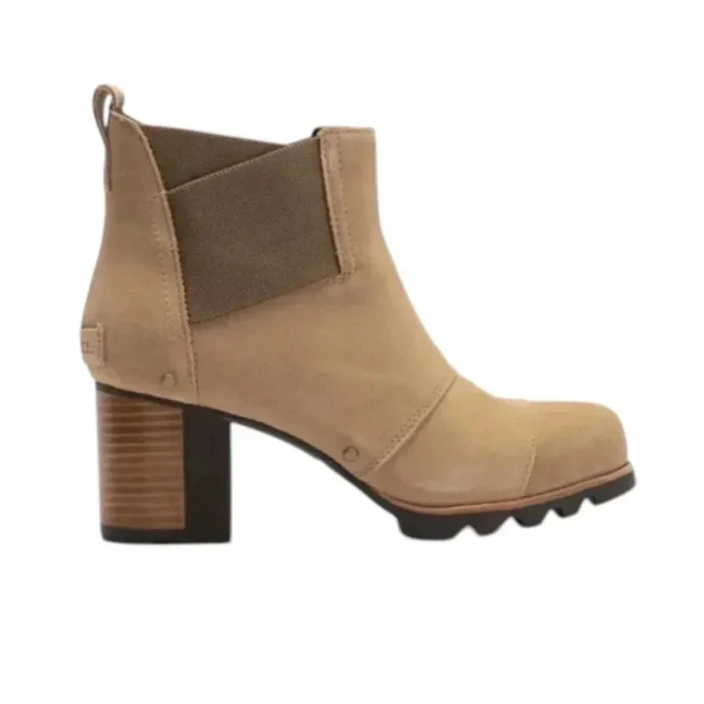 Sorel Addington Chelsea Suede Womens Block Heel Boot Tan Beach/Cordovan Size 9